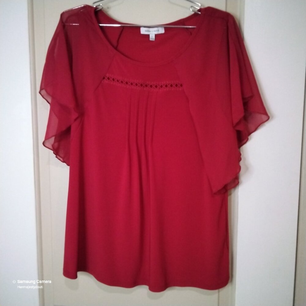 Emma & Olive Red Short Shear Butterfly Sleeve Eyelet, Pleated Blouse NWOT Laage
